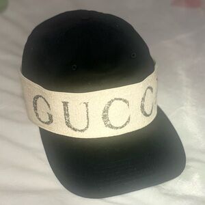GUCCI GABARDINE BASEBALL CAP, Black w/ Tan Terry Cloth Logo, One Size Fits Most